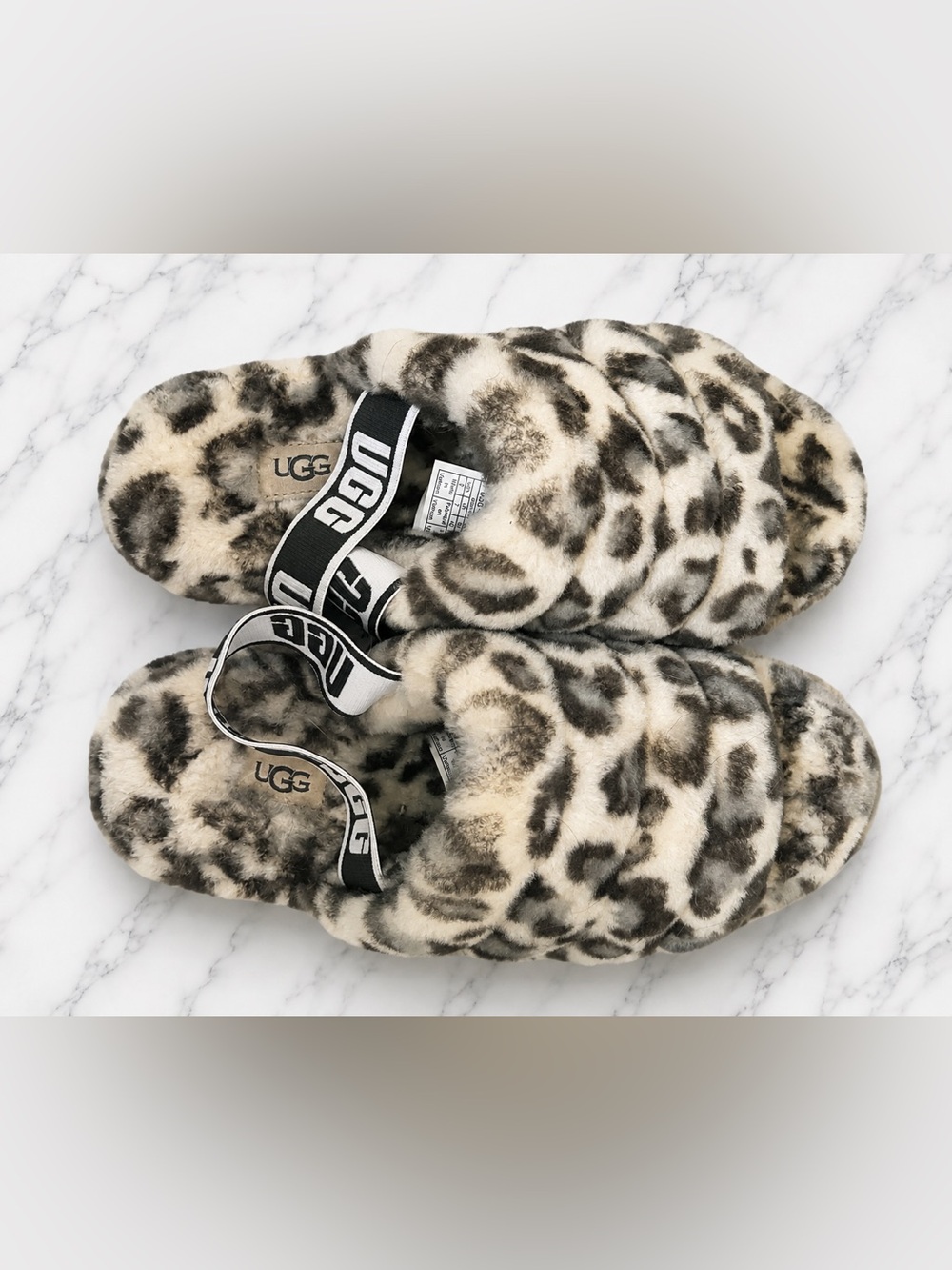 UGG Fluff Yeah Leopard Print Fuzzy Slides Slippers Animal Print Size 8